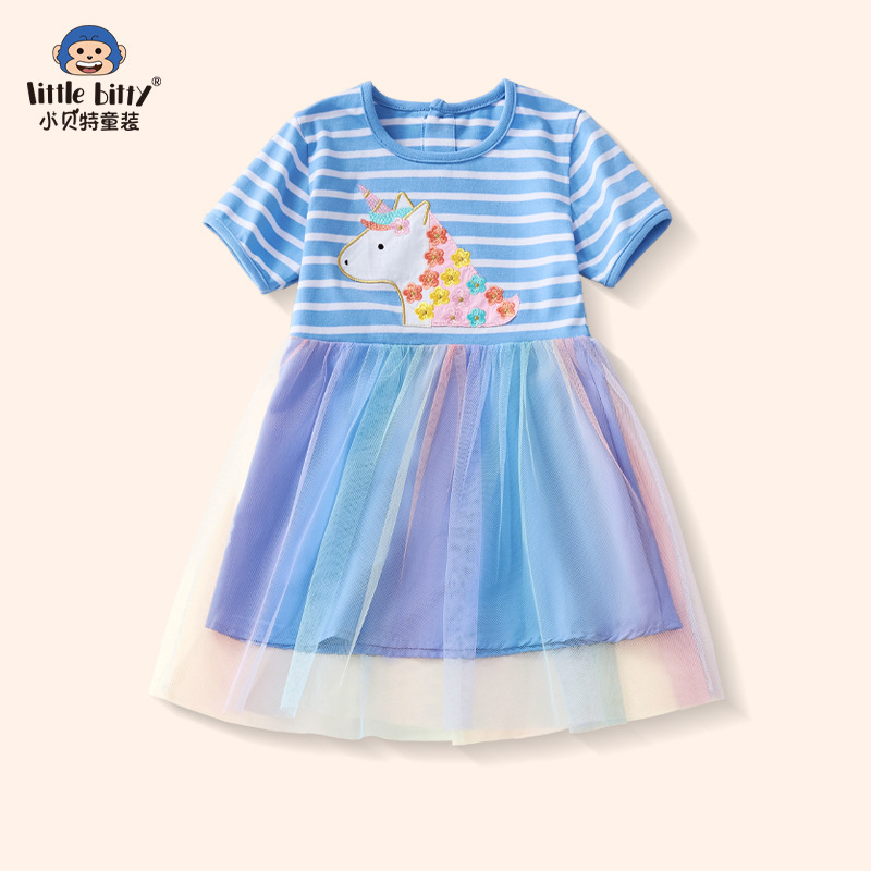 2025 Summer New Kids Cartoon Animal Unicorn dress Girls Cute Striped Mesh Princess Dress