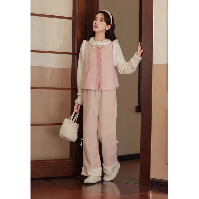 New Chinese Style Retro Horn Button Mink Velvet Vest Plus Velvet Warm Base Layer Pink Wide Leg Pants Three-Piece Set