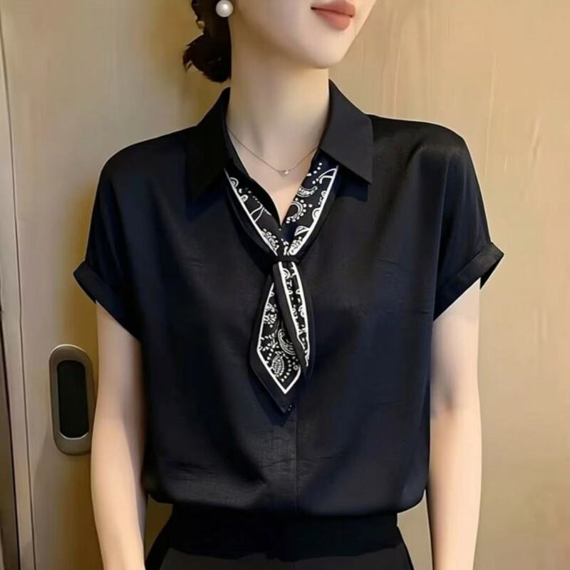 High-End French-Style Loose Chic Blouse, Summer 2026 New Fashion Professional Wear, Elegant Short-Sleeve Satin Shirt for Women High-End French-Style Loose Chic Blouse, Summer 2026 New Fashion Professional Wear, Elegant Short-Sleeve Satin Shirt for Women