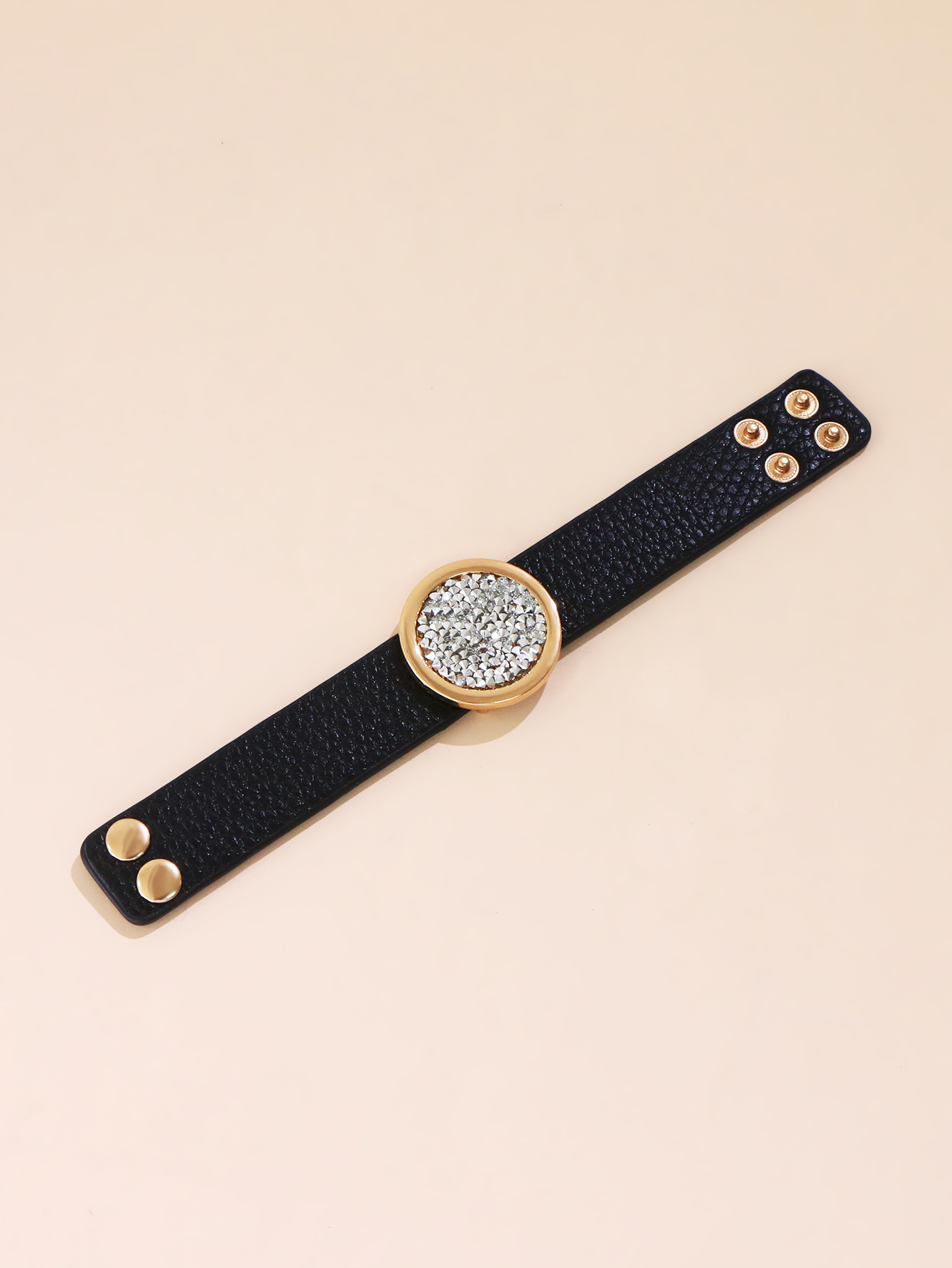 Retro Adjustable Round Metal Bracelet Rhinestone Imitation Leather Bracelet