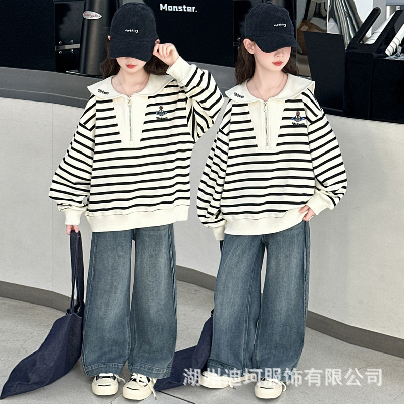 外贸实拍港味半拉链Polo翻领条纹卫衣女童春秋装宽松百搭韩版上衣|undefined