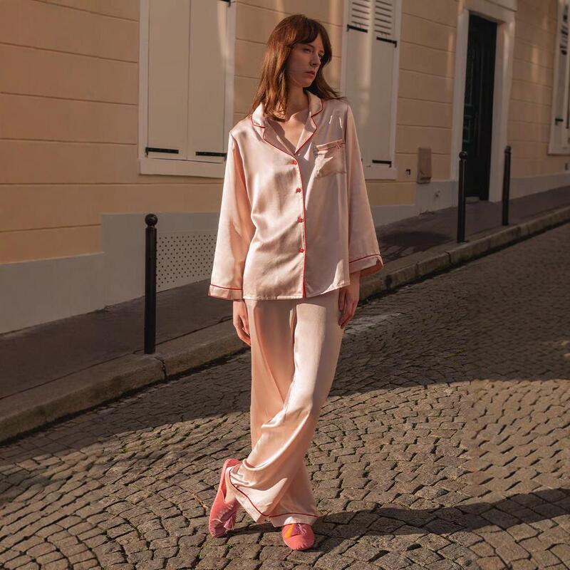 2025 Spring and Autumn New Mach Designer Long Sleeve Pajamas and Loungewear in Realistic Silk, Suitable for Outerwear