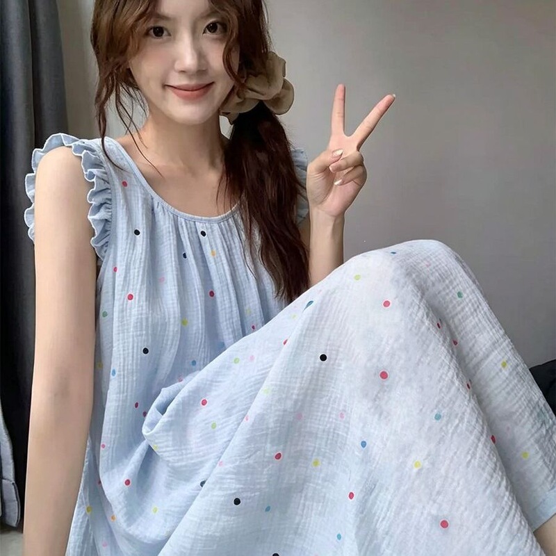 Tree Bark Pattern Women's Nightgown Vest Summer Colorful Polka Dot Small Flutter Sleeve Nightdress Mid-Length Homewear Can Be Worn Outside Tree Bark Pattern Women's Nightgown Vest Summer Colorful Polka Dot Small Flutter Sleeve Nightdress Mid-Length Homewear Can Be Worn Outside