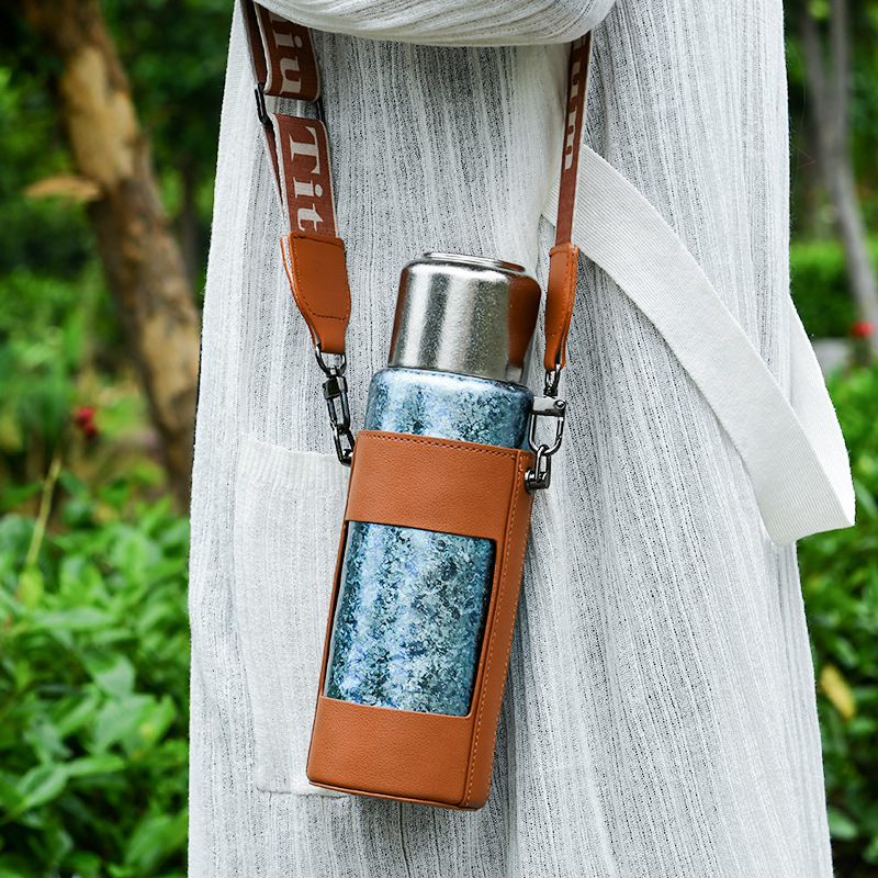 Genuine Pure Titanium Thermos Cup with Cup Sleeve, Portable Shoulder Strap, Large Capacity Stewed Tea Cup, Titanium Cup Lid, Drinkable Water