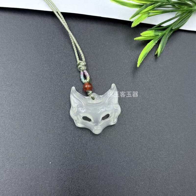 新款天然玛瑙玉髓狐狸面罩项链国风美学狐狸蓝玉髓吊坠玉石饰品|undefined