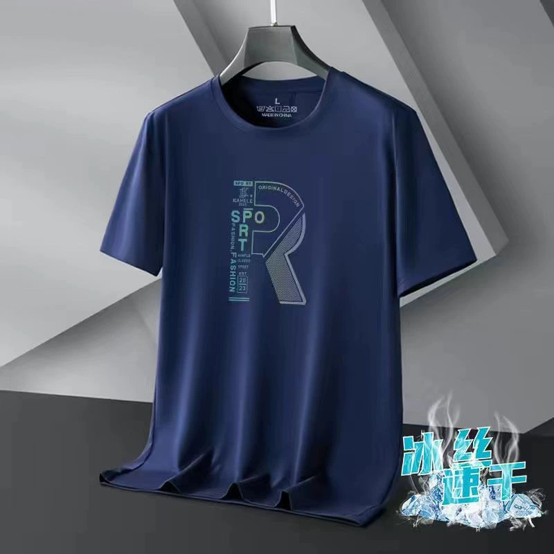 Летняя футболка с короткими рукавами из ледяного шелка мужская свободная тонкая футболка с половиной рукава мужская одежда большого размера