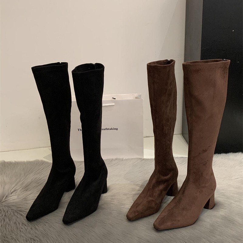 High-Heeled Boots for Women in Autumn and Winter New Style Suede Elastic Slim Boots Pointed Toe Thick Heel Stockings Boots over the Knee High Boots