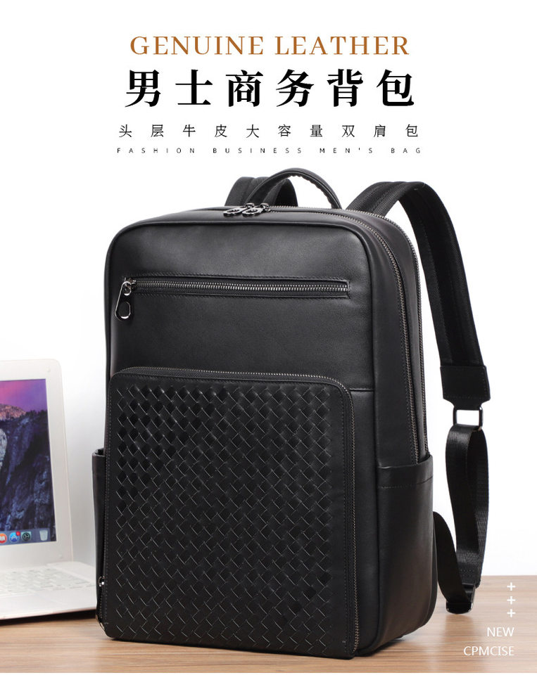 Ba lô nam da bò thật dệt đan, ngăn đựng laptop 15,6 inch, dung tích lớn — Màu đen chi tiết 1