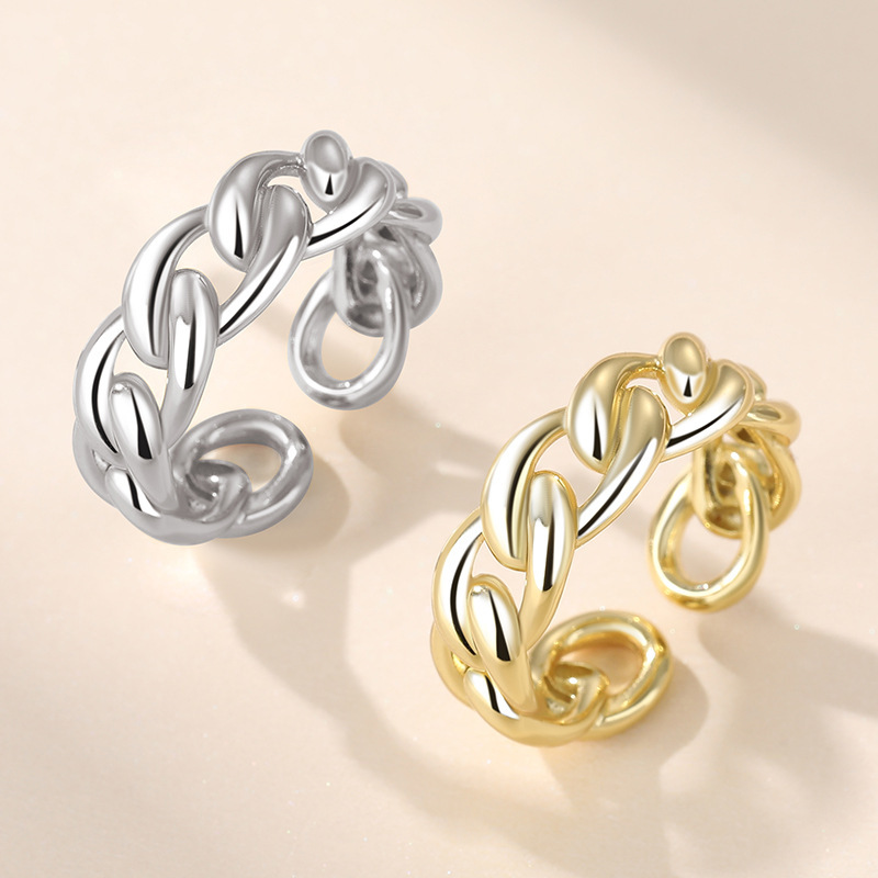 925 Sterling Silver For Women, Niche Design, Simple Cuban Chain, Personalized Adjustable Open Ring_voghion.com