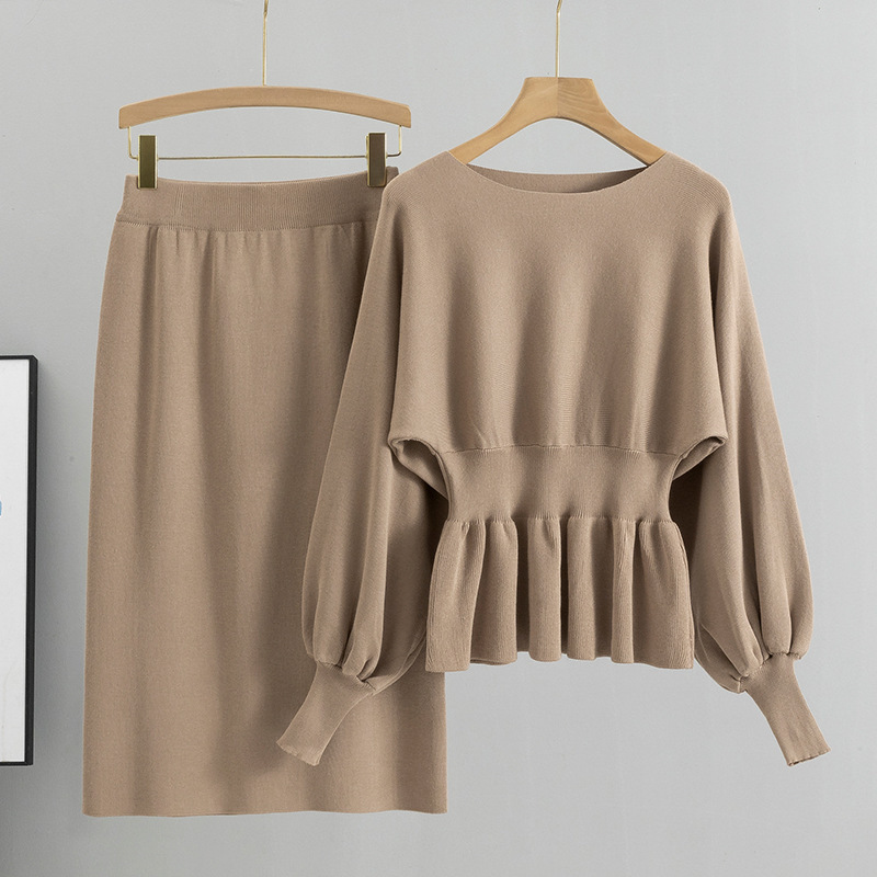 Cross-Border Foreign Trade Versatile Ladylike Two-Piece Set Ruffled Sweater High-Waist Slim Skirt Suit for Women in Autumn