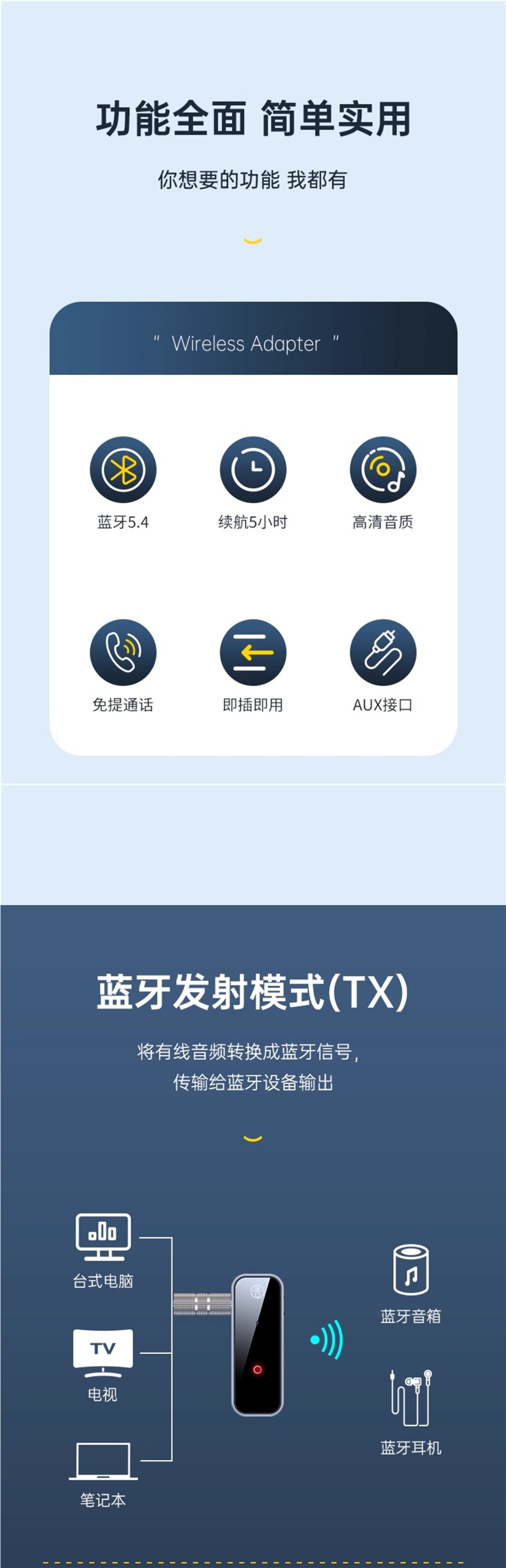 Bluetooth 5.4 Receiver Transmitter Aux Car Audio Adapter Computer Tv to Audio Headset Wireless Connection