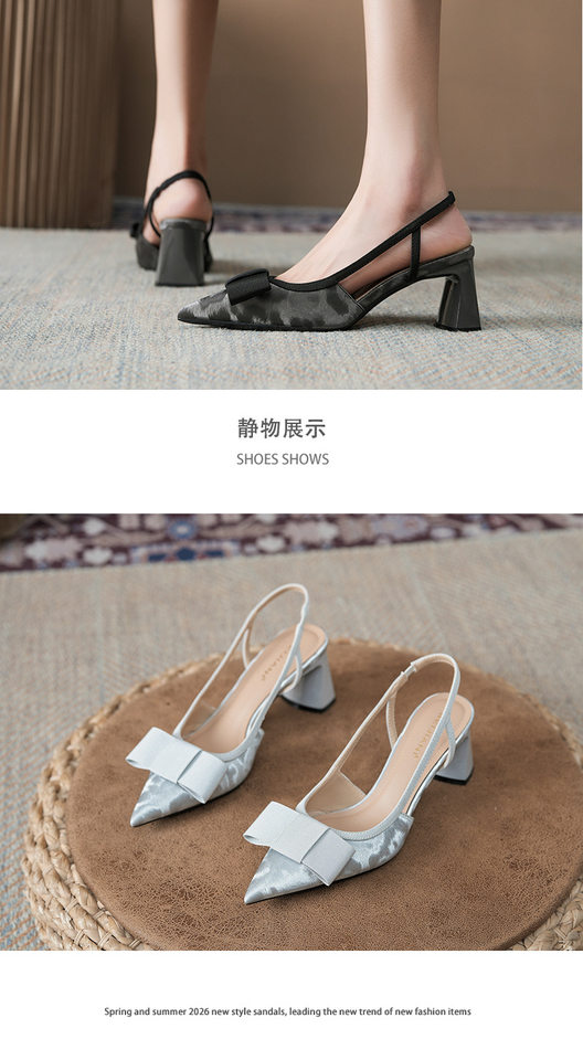 Sandal cao gót nữ mũi nhọn hở gót gót thô đính nơ phong cách công sở, gót 6–8 cm — Màu kaki, Màu xám bạc, màu đen chi tiết 13