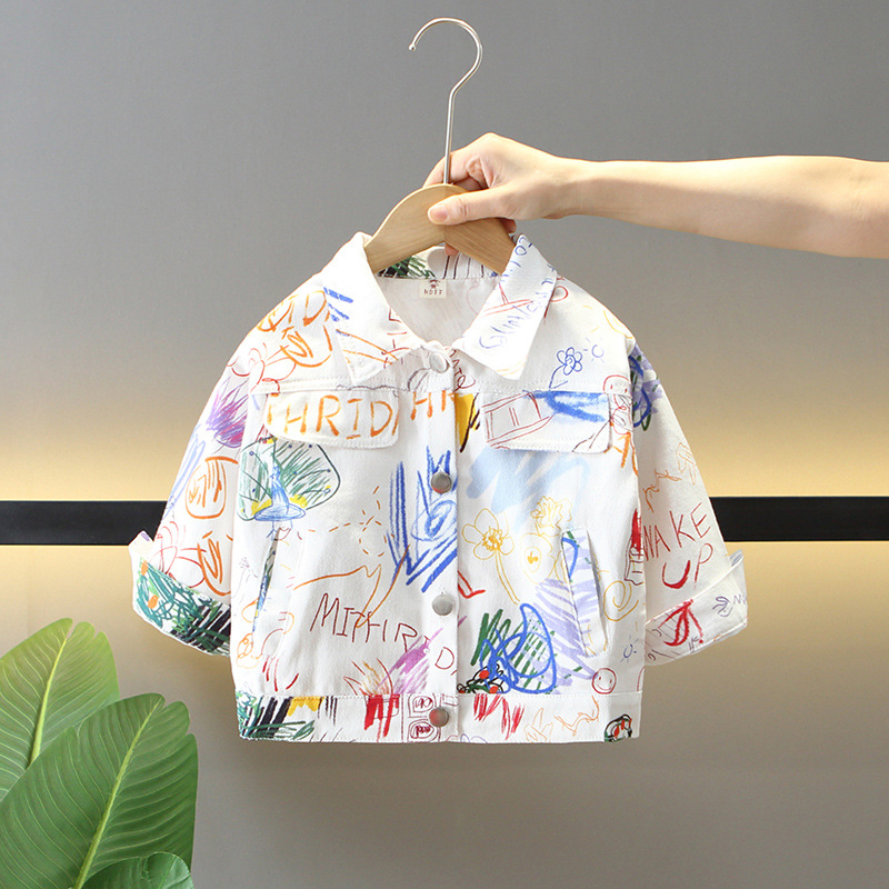 5867 Chaqueta de otoño para niños 2024 Chaqueta de mezclilla de graffiti de celebridades de Internet para niños Primavera y otoño Moda Fried Street