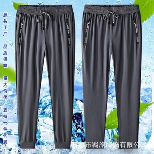 Summer Casual Straight Leg Pants Ice Silk Stretch Waist Quick-Dry Ankle Pants Slim Pocket Zipper Wearable Sport Pants for Men Trendy
