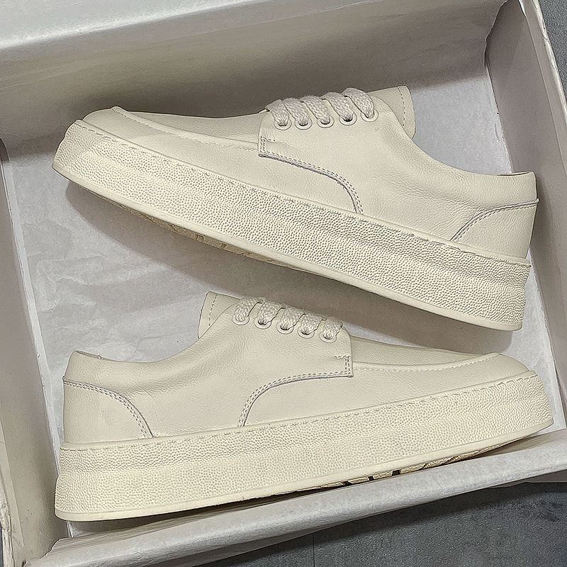 Men's Summer Height-Increasing Thick-Soled Sneakers Breathable Odor-Resistant Trendy Versatile Genuine Soft Leather Couple's White Shoes Clogs