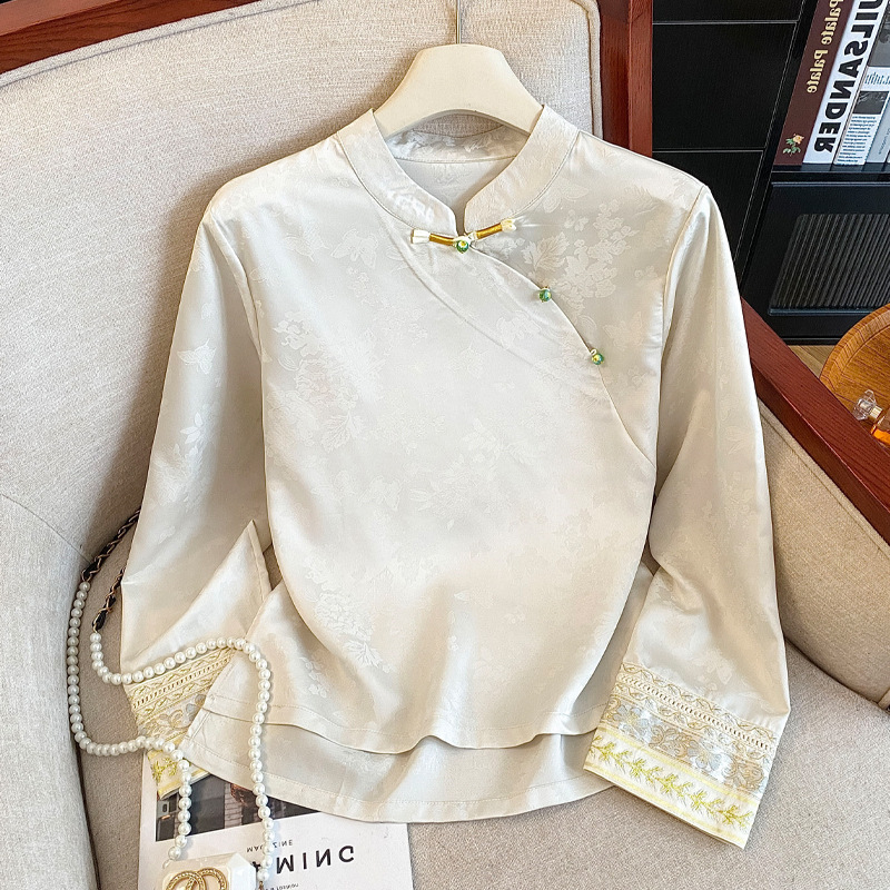 桑蚕丝新中式上衣秋季高级感真丝提花刺绣衬衫女长袖国风盘扣小衫|undefined