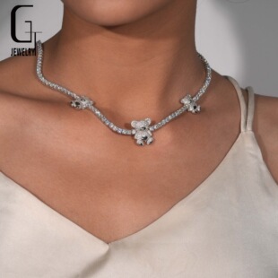 Europe and the United States cross-border supply S925 silver Moissanite tennis chain bear hip-hop personality necklace seconds overtest drill pen