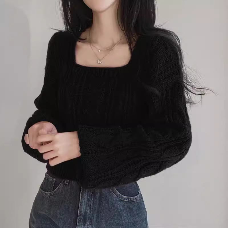 Coreano retro torcido cuello cuadrado hoodie de manga larga suéter de mujeres otoño y invierno nuevo suelto corto perezoso chaqueta de punto image 4