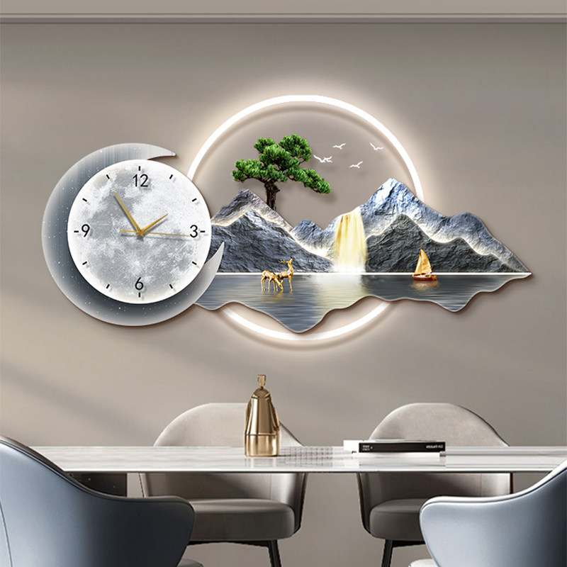 Decoración del comedor Reloj Reloj silencioso Reloj colgante Luz lujoso Pintura de lujo de alto nivel Pintura luminosa del comedor Pintura colgante Pintura mural de paisaje