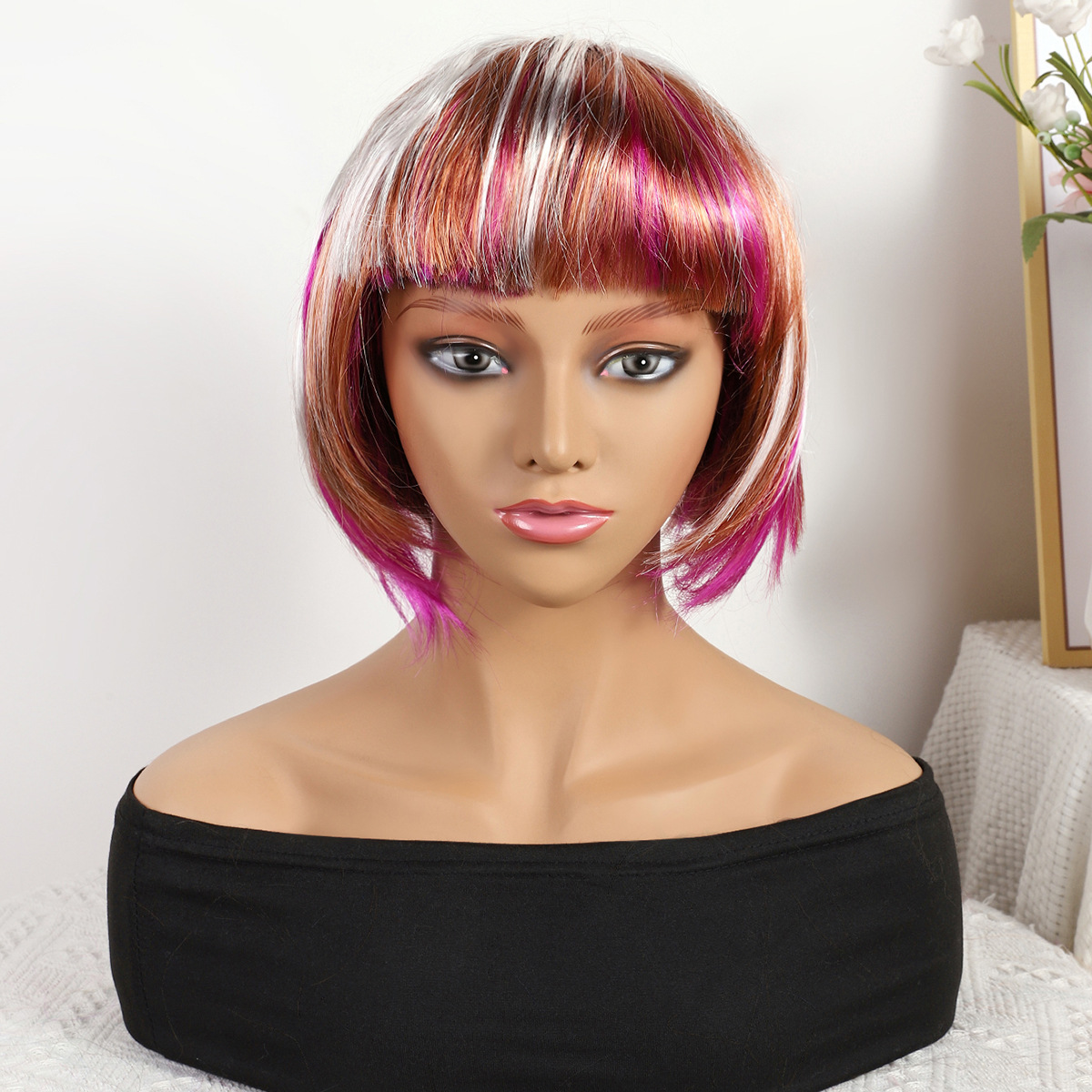 Transfronterizo nuevo color marrón plateado mezcla gradiente largo recto 12 pulgadas sin encaje pelo recto europeo y americano peluca brasileña