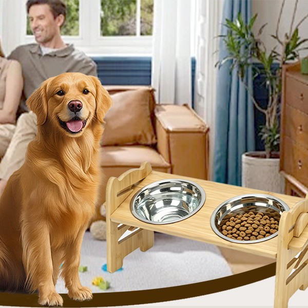 Nuevo bambú para perros y gatos, perros y gatos, doble tazón, perros pequeños y medianos, marco de madera ajustable para perros y gatos, protector de perros, comedor de comida