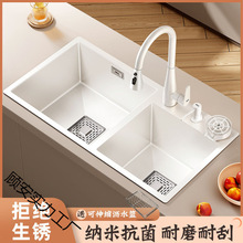 白色厨房水双洗菜盆不锈钢加厚一体洗碗水池大尺寸手工台下盆
