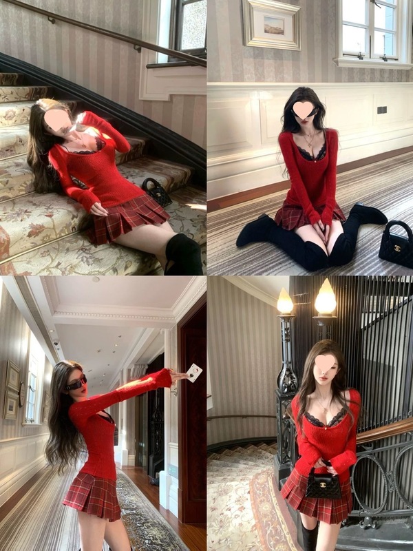 世娇妲己 方领镂空打底衫女设计感春款叠穿内搭蕾丝吊带两件套|undefined
