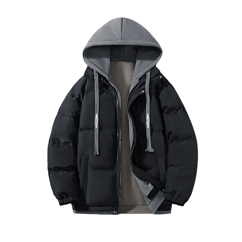 Otoño e invierno nuevo abrigo de algodón acolchado abrigo de hombre falso abrigo de dos piezas acolchado de algodón popular marca de moda con capucha engrosada abrigo de algodón acolchado fábrica al por mayor