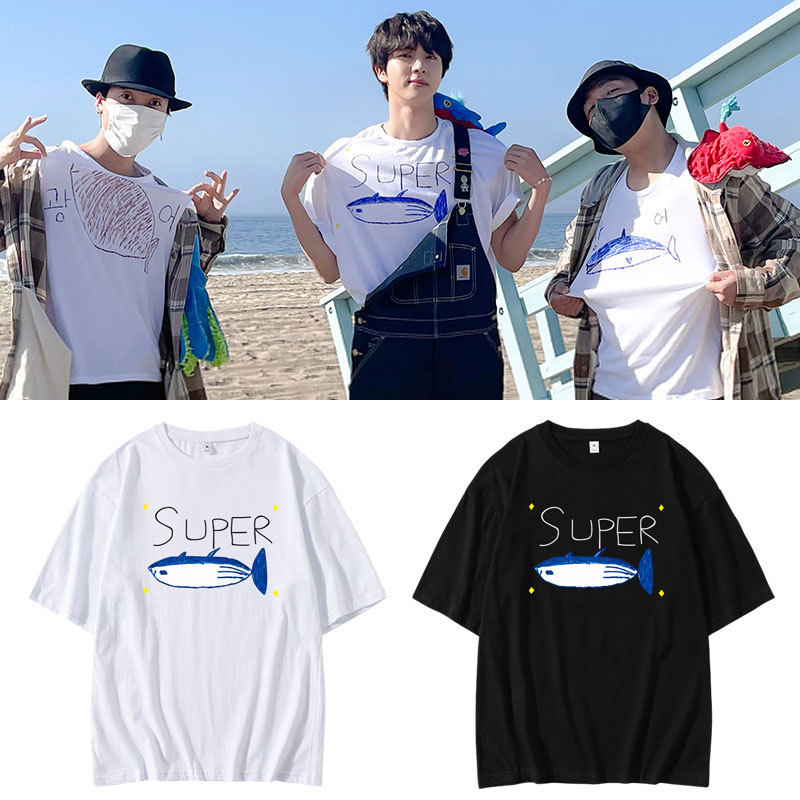 Bts Jin Shuozhen Hand-Painted Graffiti Printed Short-Sleeved T-Shirt Loose Off-Shoulder Half-Sleeved Top Summer Bts Jin Shuozhen Hand-Painted Graffiti Printed Short-Sleeved T-Shirt Loose Off-Shoulder Half-Sleeved Top Summer