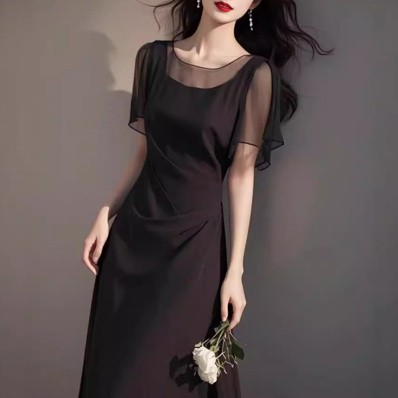 Summer New Elegant Lady Black Dress Women's Formal Occasion High-End Long Skirt Dignified and Elegant Dress