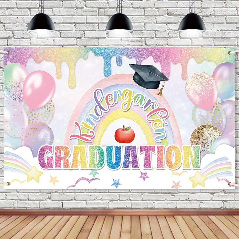 Nueva temporada de graduación decoración de fondo tela color arco iris jardín de infantes fiesta de graduación decoración de fondo banner