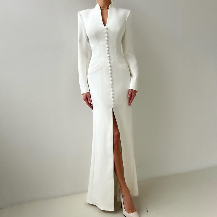 Cross-Border New Style V Neck Long-Sleeved Elegant High-Waist Slit French Dress Women's High-End Party Dress Long Skirt