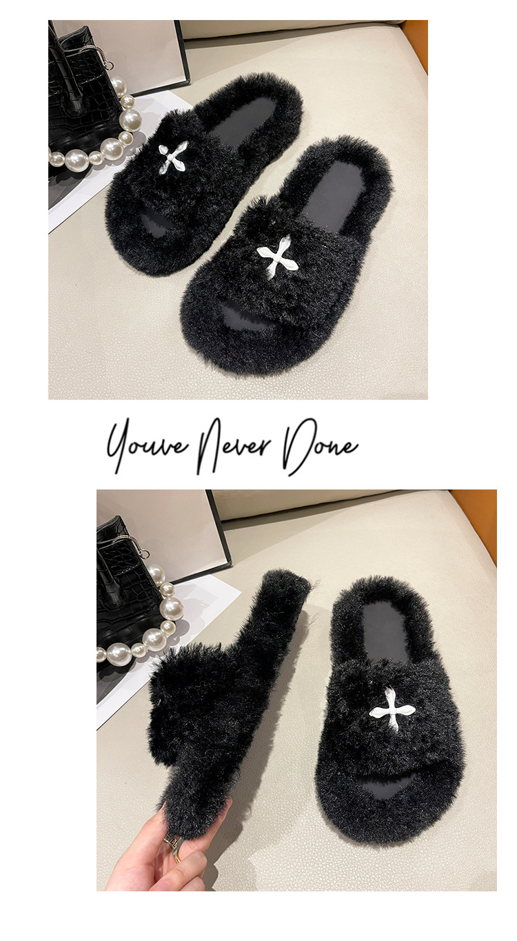 Plush Slippers For Women Comfortable Wool Flat Slip-ons Black_voghion.com