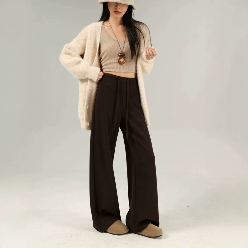 Anchen Acetate Wool Lulu Style Coffee Color 2026 Autumn Wide-Leg Pants for Women, Flowy and Soft, Straight Casual Pants