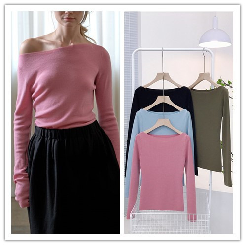 7400 Autumn 14-Gauge Stretch Cashmere Cool Style Off-Shoulder Slim-Fit Knit Top Inner Layer 7400 Autumn 14-Gauge Stretch Cashmere Cool Style Off-Shoulder Slim-Fit Knit Top Inner Layer