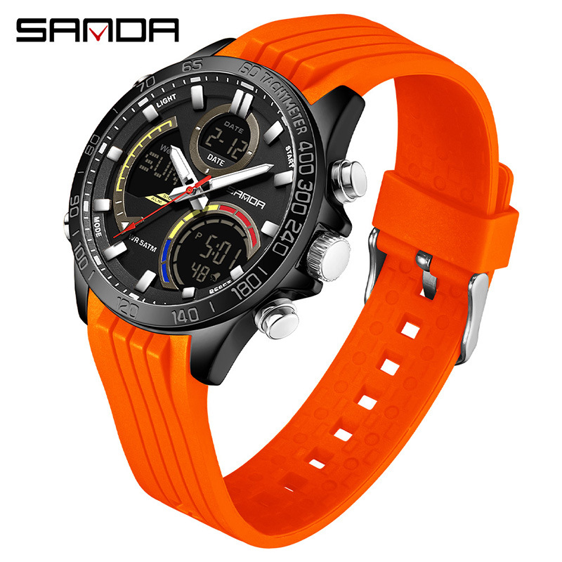 SANDA moda doble pantalla reloj electrónico para hombres multifuncional gran dial reloj de estudiantes de luz nocturna reloj de pulsera