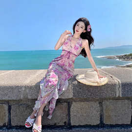 碎花吊带连衣裙女夏季法式复古高级感收腰显瘦修身雪纺鱼尾长裙子