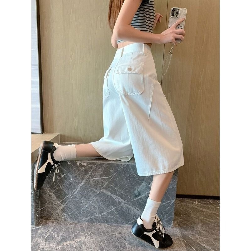 Petite American-Style High-Waisted White Cropped Jeans for Women, Summer Thin Loose Casual Wide-Leg Pants Petite American-Style High-Waisted White Cropped Jeans for Women, Summer Thin Loose Casual Wide-Leg Pants