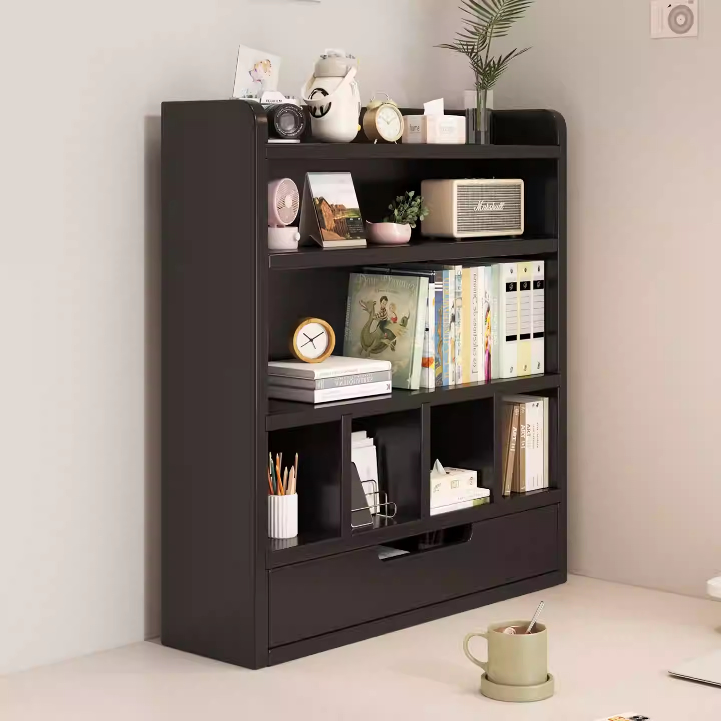 实木书架置物架中古风边柜书柜桌面整理柜子展示架多层立式储物柜