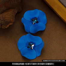 S925银针轻奢优雅蓝色立体花朵锆石耳钉耳环女气质百搭高级感耳饰