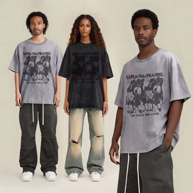 2025 transfronterizo pesado camiseta de manga corta hombre lavado retro cuello redondo suelto estilo hip-hop americano camisa de hombro en la moda