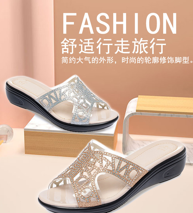 Dép xỏ ngón nữ đế bệt da thật đính đá rhinestone — Màu vàng chi tiết 2