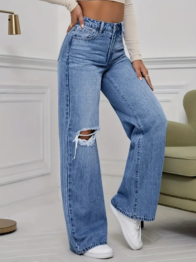 Wide Leg Straight Leg High Waist Floor Pants With Ripped Jeans_ecoleips.com
