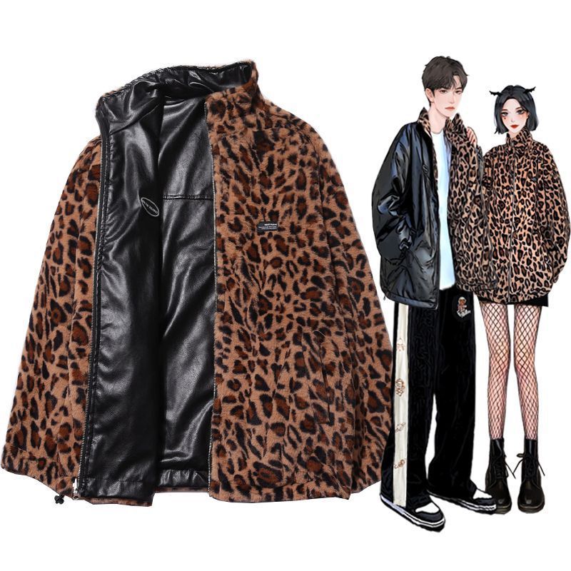 Leather women's 2025 winter new double-sided fur one-piece motorcycle clothing leopard fleece-lined PU fur coat coat trendy