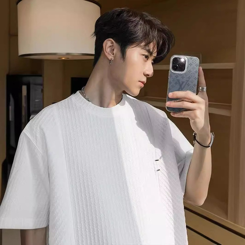 Summer Japanese-style green men's clothing high-end sense fashion loose round neck T-shirt casual knitting texture bar