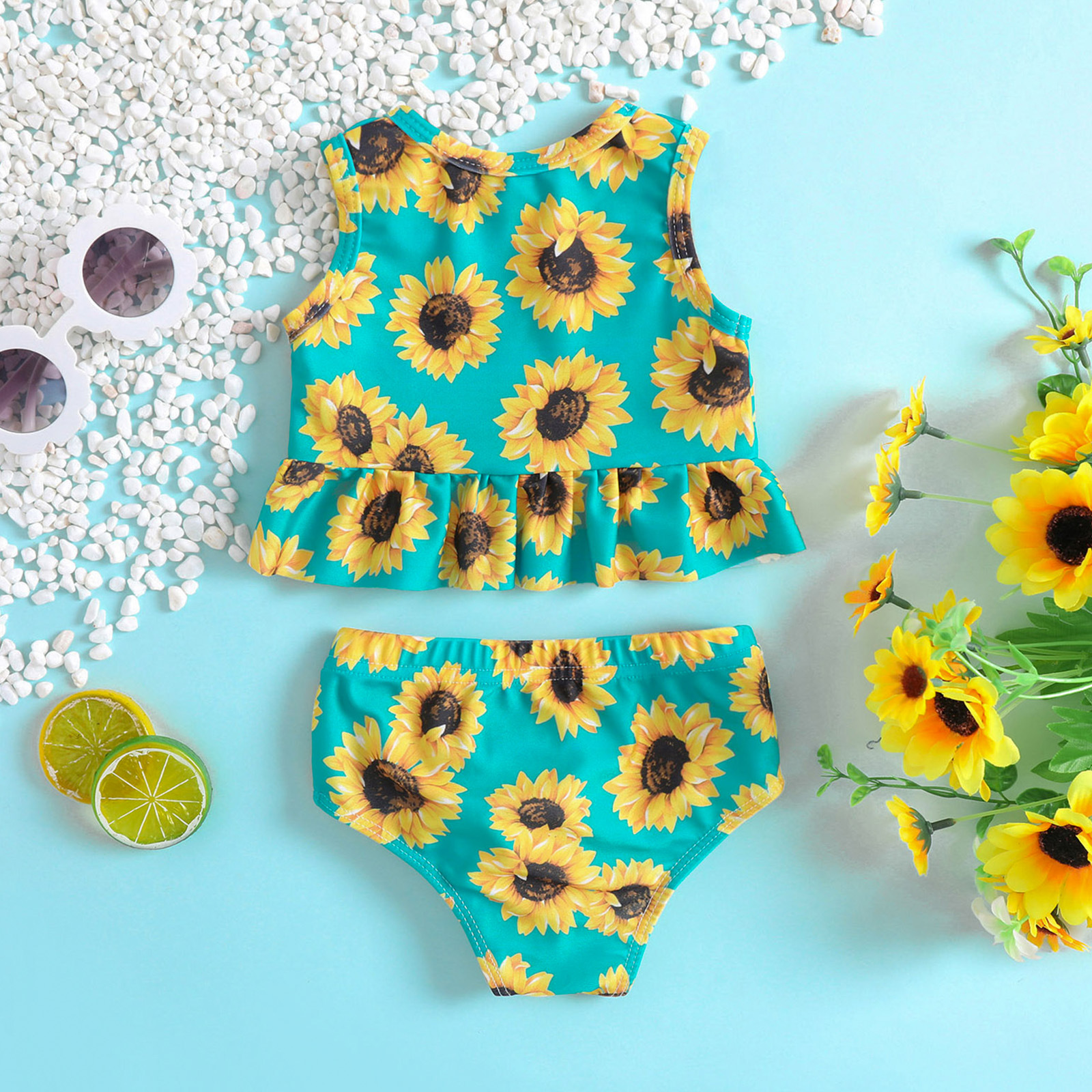 Sunflower Print Ruffled Girls' Swimsuit Two-Piece Set for Baby Girls Hot Spring Beach Swimsuit Short-Sleeved Kidsren's Style