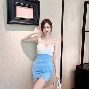 Slim fit patchwork pleated slimming suspender dress for summer