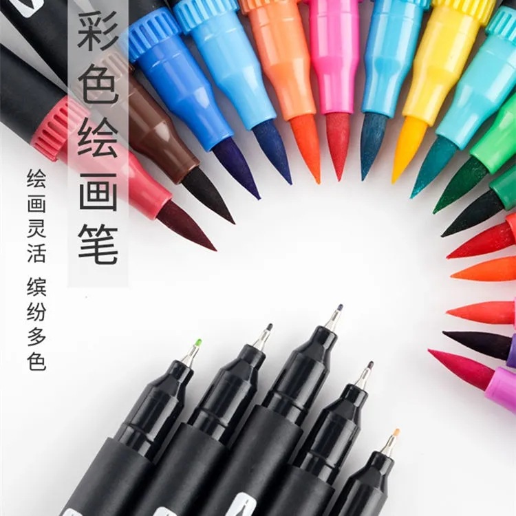 Amazon marcador de doble cabeza a base de agua pluma de acuarela de cabeza suave traje de pintura para niños Hook Pen suministros de arte DIY