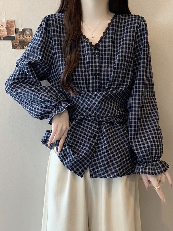 格子V领长袖打底衬衫女2025年秋新款时尚设计感系带收腰显瘦上衣|undefined