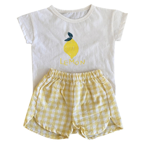 2024 Korean children's clothing summer boys and girls children's short-sleeved shorts suit fruit T-shirt plaid shorts suit
